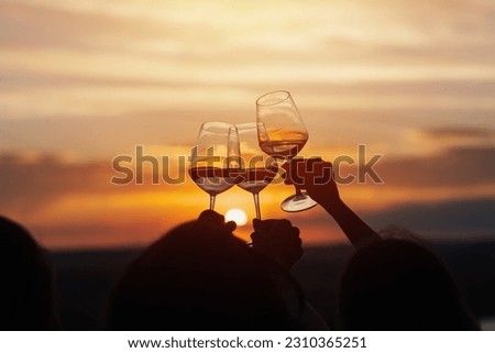 A group of girlfriends raise a toast with glasses of white wine on a sunset. Close shot.	
 Royalty-Free Stock Photo #2310365251