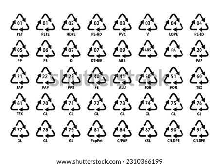 Recycle symbol. Recycling codes for plastic, paper and metals as well as other materials. Triangular sign. Line icons full set