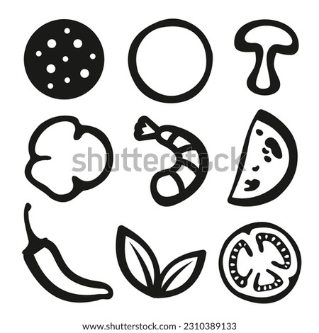 a collection of ingredients, vegetables and sausage . Doodle collection of slices of organic products for pizza or salad