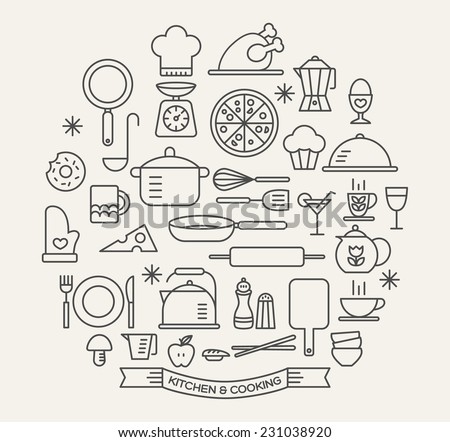 Cooking Foods and Kitchen outline icons set Royalty-Free Stock Photo #231038920