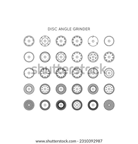Diamond discs icons set. Discs for angle grinders. Cutting, metal, wood, concrete, granite, ceramics, asphalt, laminate.