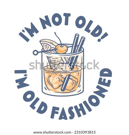 Old fashioned cocktail with ice and cherry for design of bar menu. American alcochol cocktail with whisky and bourbon for drink party. Tee print Royalty-Free Stock Photo #2310393815