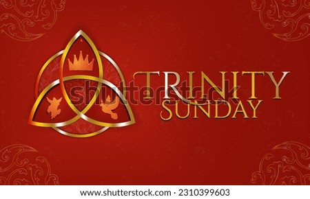 Gold Trinity Sunday symbol poster banner. Observed on the first Sunday after Pentecost. Religious trinity, crown, Jesus, holy spirit, dove. Golden trinity knot with golden ring. Vector Illustration.