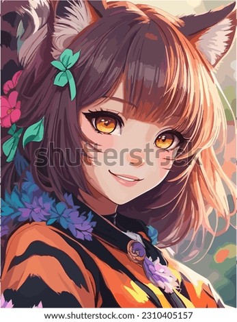 Beautiful anime lady in a concept art of a blend between a tiger, fur, furry style, portrait, colorful Royalty-Free Stock Photo #2310405157