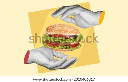 Creative collage of hands hold yummy cheeseburger Royalty-Free Stock Photo #2310406317