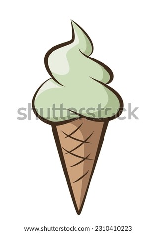 ice cream - pistachio soft serve ice cream in a cone, color vector illustration isolated on white background