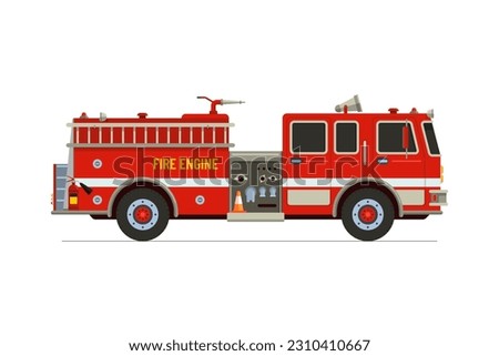 Fire engine truck front view. Firetruck car with Siren alarm and water tank. Firefighter red vehicle. Fireman emergency rescue transport. Firefighting lorry vector eps flat illustration