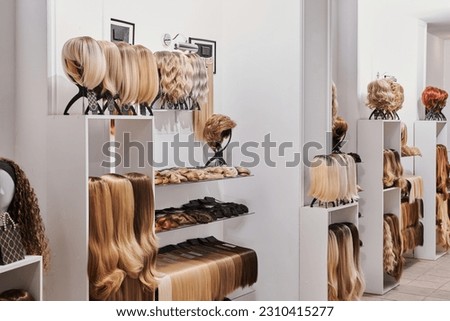 Showcase of natural looking wigs in different colors fixed on the metal wig holders in beauty salon. Row of mannequin heads with variation shades hair on shelf in wig shop
 Royalty-Free Stock Photo #2310415277