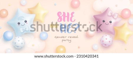 He or she? Cartoon gender reveal invitation template. Horizontal banner with realistic helium balloons. Vector illustration Royalty-Free Stock Photo #2310420341