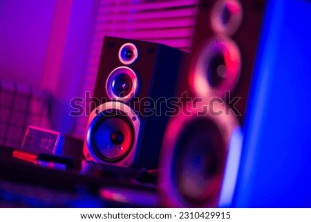Black bookshelf speakers for home entertainment. Royalty-Free Stock Photo #2310429915