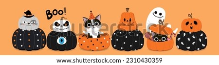 Happy halloween greeting card with cute cat, ghost and decorated pumpkin. Holidays cartoon character. -Vector