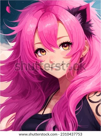 Anime girl with pink hair concept art of a blend with a cat, feline, furry, vector colorful art, fur, waifu, pretty, colorful Royalty-Free Stock Photo #2310437753