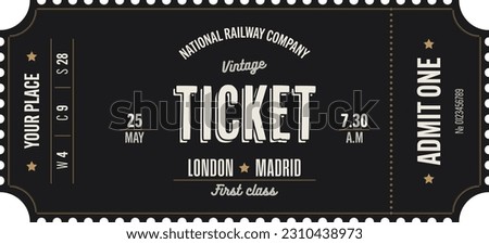 Train vintage ticket template on dark background with golden accents. For excursion routes, retro parties and clubs and other projects. Just add your own text. Vector, can be used for printing.  Royalty-Free Stock Photo #2310438973