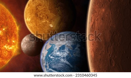 Beautiful view of the planets Mars Earth, Venus, Mercury and Sun from space. Solar system planets: Mars, Earth, Venus, Mercury - Terrestrial planets. Sci-fi background. Elements furnished by NASA. 