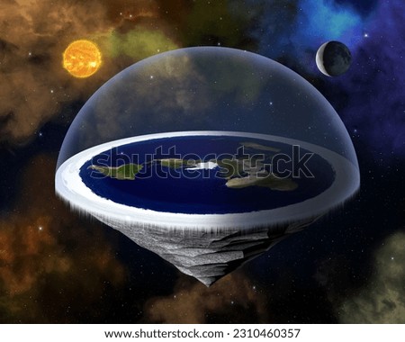 Flat Earth in space with sun and moon. Flat planet Earth conspiracy theory. The flat Earth model is an archaic conception of Earth's shape as a plane or disk. Elements of this image furnished by NASA. Royalty-Free Stock Photo #2310460357