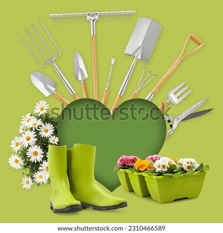 Gardening tool equipment and green heart shape, rubber boots and daisies flowers isolated on green background. Banner for online shopping, e-commerce, vegetable garden, florist shop and greenhouse
