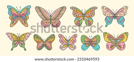 Groovy butterflies vector set. Hippie floral elements. 70s groovy hippie nature clipart. Retro groovy stickers. Psychedelic funky 60s 70s doodles. Set of retro cartoon flower stickers.