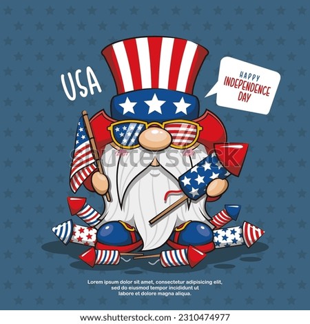 Happy 4th of July America Independence Gnome Celebrating, Cute Cartoon Illustration Royalty-Free Stock Photo #2310474977