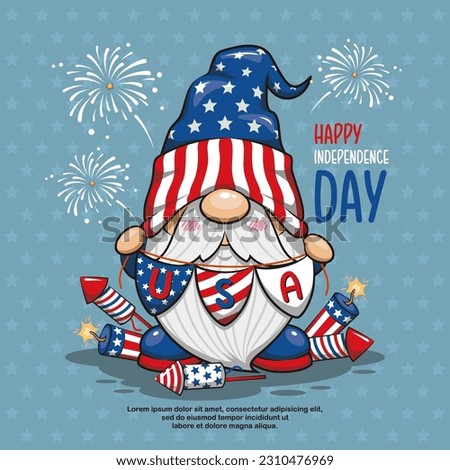 Happy 4th of July America Independence With Cute Gnome, Cartoon Illustration Royalty-Free Stock Photo #2310476969