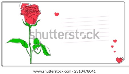 Rose and heart. Romantic background for congratulations with free, lined space for text. Copy space. Graphic, line drawing with color accent. Vector illustration.
