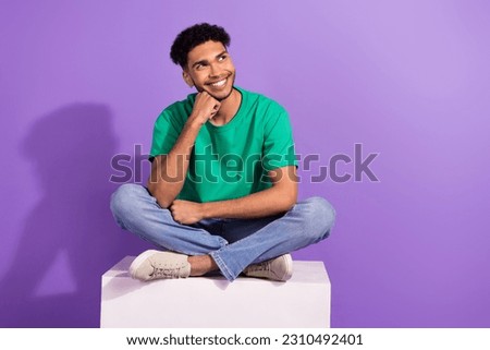 Full body length photo of young guy dreaming look empty space touch chin thinking about lovely girl isolated on purple color background
