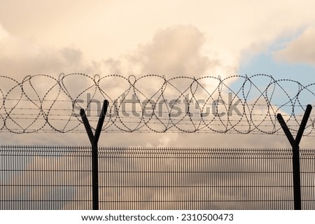Barbed wire airport security fence black silhouette on sunset cloud sky background
