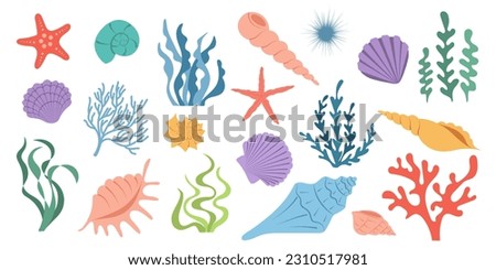 Big collection of underwater elements. Set of cartoon seashells, seaweeds, corals. Summer marine background with hand drawn colorful shell, algae, starfish,  Royalty-Free Stock Photo #2310517981