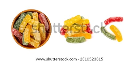 Gummy Candy Pile Isolated, Chewing Colorful Marmalade Sticks, Jelly French Fries Heap, Gelatin Candies on White Background Top View