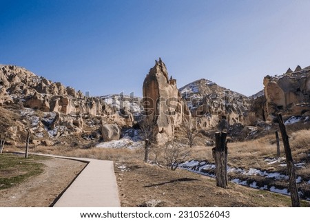 Cave town and rock formations in Zelve Valley, Cappadocia, Turkey - feb 2023. High quality photo