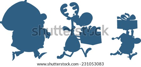 Blue Santa Claus,Reindeer And Elf Running In Christmas Night  Silhouettes. Vector Illustration Isolated On White Background 