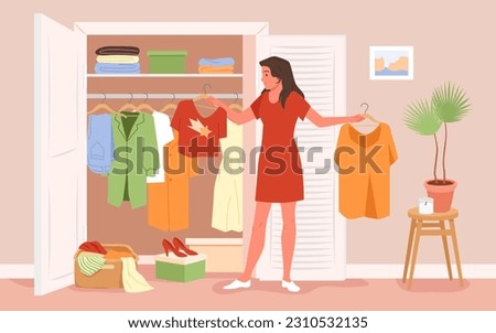 Cartoon woman holding hanger with dress and shirt, standing near wardrobe to sort clothes, choose stylish outfit, find obsolete old apparel. Girl keeping order in home closet vector illustration Royalty-Free Stock Photo #2310532135