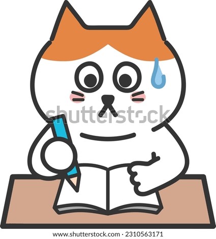 Orange tabby cartoon cat taking notes timidly with sweat, vector illustration.