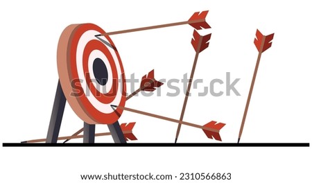 Many arrows missed the target mark. Missing shot. Several inaccurate failed attempts to hit the archery target. Business challenge failure metaphor. Flat cartoon isolated vector object illustration Royalty-Free Stock Photo #2310566863