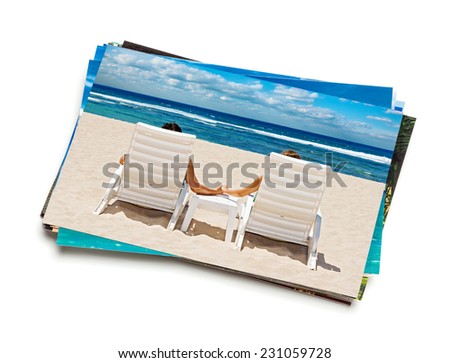 Holidays beach concept creative background - stack of vacation photos with couple on beach image on top isolated on white background