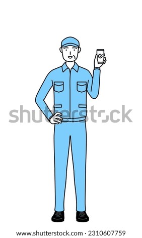 Senior man in hat and work clothes using a smartphone at work, Vector Illustration