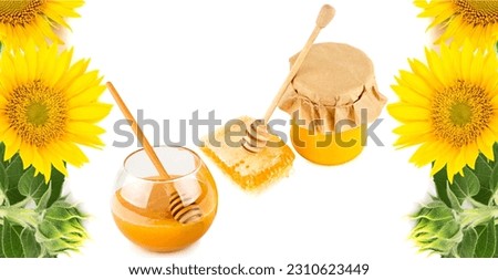 Natural bee honey in a jar and sunflower flower isolated on a white background. Free space for text. Collage. Wide photo.