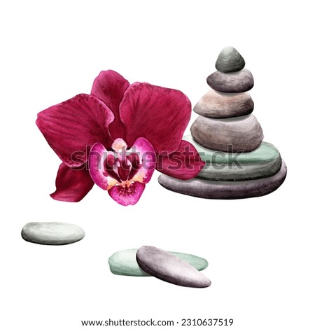 Zen stones and orchid flower composition. Watercolor illustration isolated on white for clip art, cards, invitation