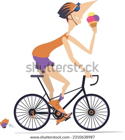 Cartoon cycling man eating an ice cream. 
Smiling cyclist in helmet on the bike eating an ice cream. Isolated on white background
