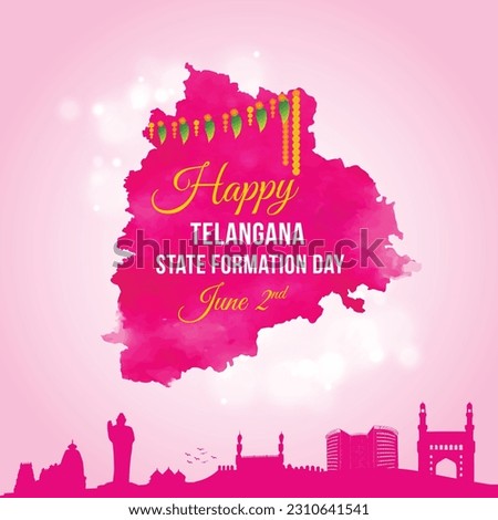 Happy Telangana State Formation Day In English. June 2nd,  Hyderabad Famous Silhouettes Abstract Pink background Vector Design Illustration  Royalty-Free Stock Photo #2310641541