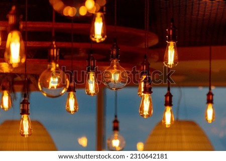 Decorative antique edison style filament light bulbs hanging from ceiling. Royalty-Free Stock Photo #2310642181