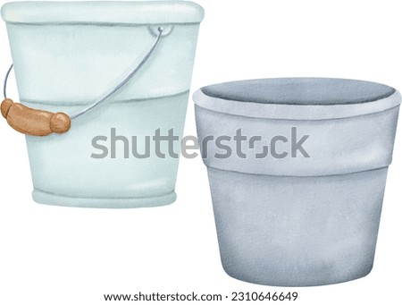 Set of Vintage style metal bucket household and farm equipment. Digital watercolor illustration. Isolated clipart with a steel vase. Hand drawn element. For rustic decor, spring, summer clip art.
