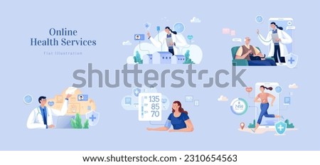 Flat design online medical service set isolated on lavender background. People monitoring their own health condition, doctor practicing medicine virtually. Concept of virtual clinic and healthy life.