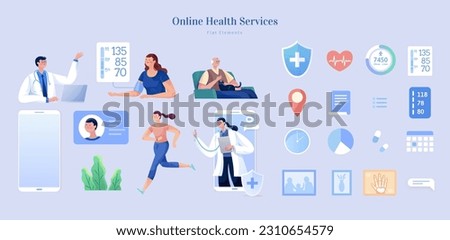 Flat design virtual clinic element set isolated on lavender background. Including doctors, patients, phone, medical icon and home decors. Concept of online health service.
