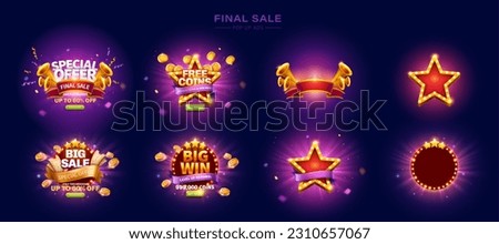 Final sale promotion pop up ads templates with radial light background isolated on purple background. Different shapes of marquees ad decorated with horn and coins, and blank ones. Royalty-Free Stock Photo #2310657067