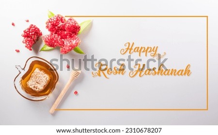 Rosh hashanah (Jewish New Year holiday), Concept of traditional or religion symbols with the text on pastel background. Royalty-Free Stock Photo #2310678207