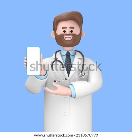 3D Illustration of Male Doctor Iverson holding smartphone and showing blank screen. Cute cartoon smiling confident demonstrating empty display phone.Medical presentation clip art isolated on blue back