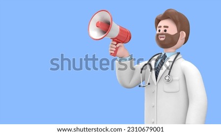 3D illustration of Male Doctor Iverson making announcement with megaphone loudspeaker.Medical presentation clip art isolated on blue background.
