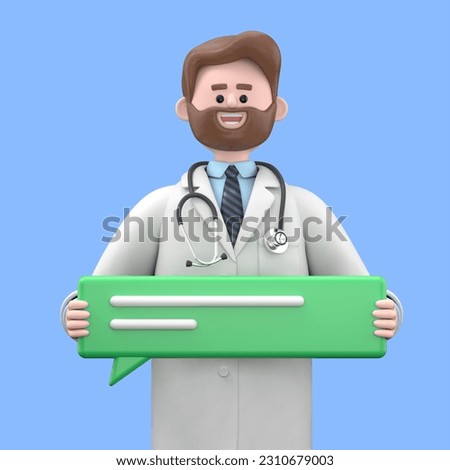 3D illustration of Male Doctor Iverson holding text bubble cloud icon isolated over white background. Social network message concept. Medical presentation clip art isolated on blue background.
