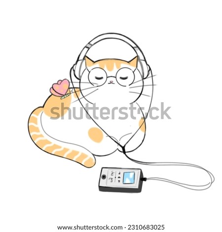 A cartoon image of a cute orange and white striped fat cat who is in a private world and listening to music.
