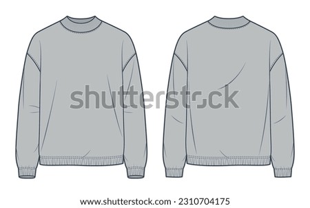 Sweatshirt technical fashion illustration. Round Neck Sweatshirt fashion flat technical drawing template, rib, long sleeve, relaxed fit, front, back view, grey color, women, men, unisex CAD mockup. Royalty-Free Stock Photo #2310704175